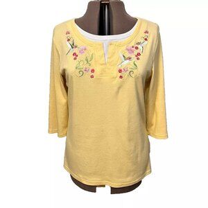 Morning Sun. Sz L. Vintage Hummingbird Embroidered Stretch Cotton Top. B52
